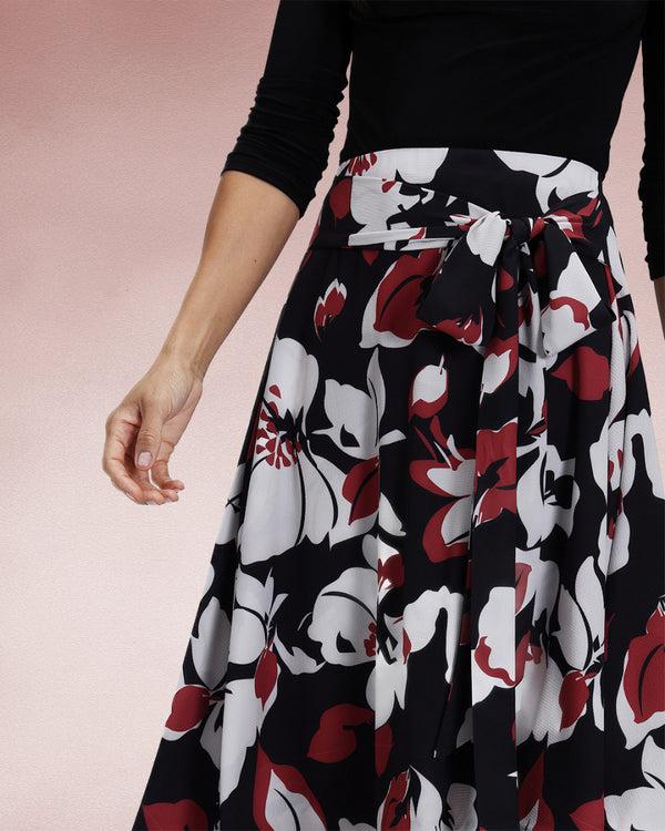 Hot Squash Asymmetric Hem Skirt With Bow Ties Burgundy / White Floral