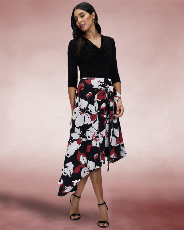 Hot Squash Asymmetric Hem Skirt With Bow Ties Burgundy / White Floral