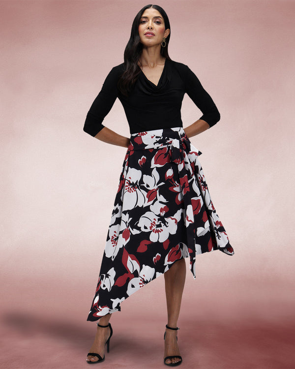 hot squash Asymmetric Hem Skirt with Bow Ties Burgundy / White Floral