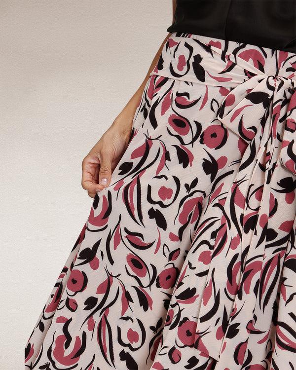 Hot Squash Asymmetric Hem Skirt With Bow Ties Cream / Pink Poppies