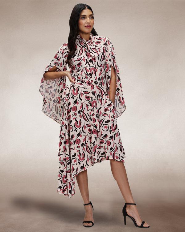 Hot Squash Asymmetric Hem Skirt With Bow Ties Cream / Pink Poppies