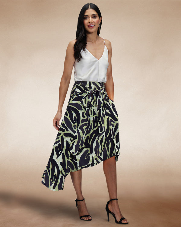 hot squash Asymmetric Hem Skirt with Bow Ties Green / Black Camo