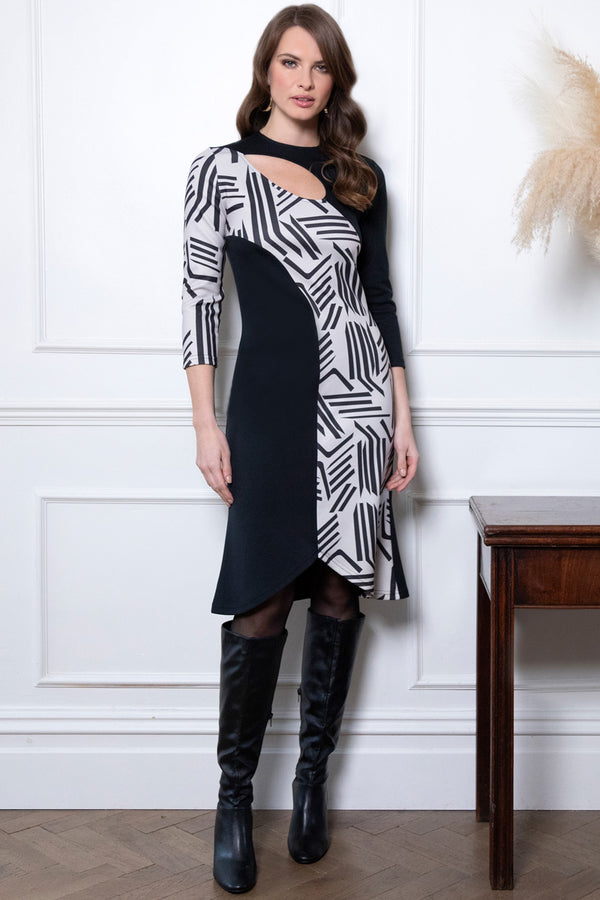 Hot Squash Asymmetric Keyhole Dress Black / Grey Calligraphy