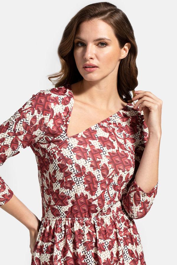 Hot Squash Asymmetric Neckline Midi Dress Burgundy Geo Blossoms