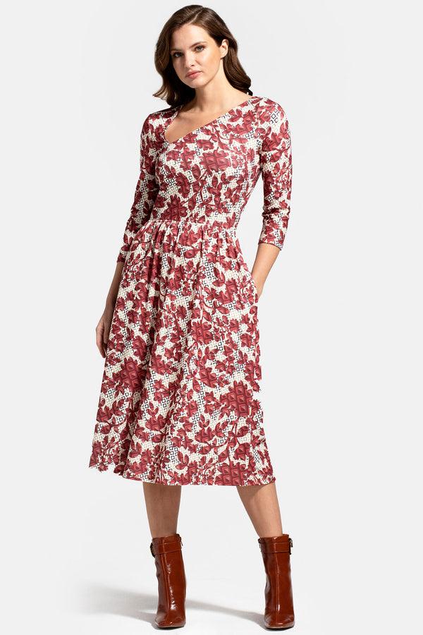 hot squash Asymmetric Neckline Midi Dress Burgundy Geo Blossoms