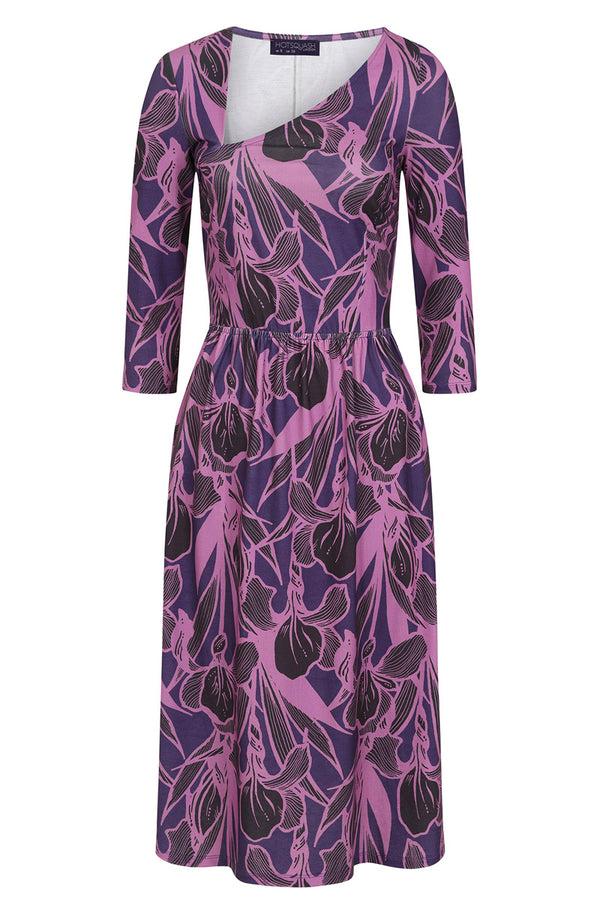 Hot Squash Asymmetric Neckline Midi Dress Damson Floral