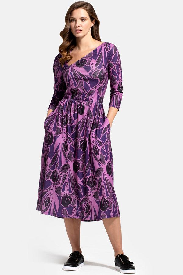 hot squash Asymmetric Neckline Midi Dress Damson Floral