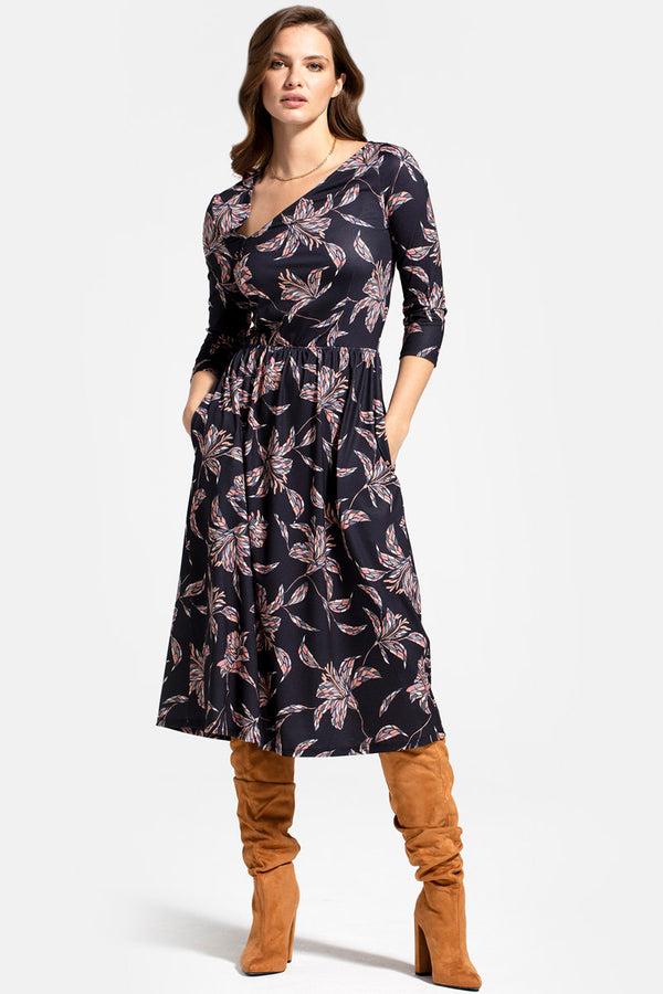 hot squash Asymmetric Neckline Midi Dress Mosaic Flower