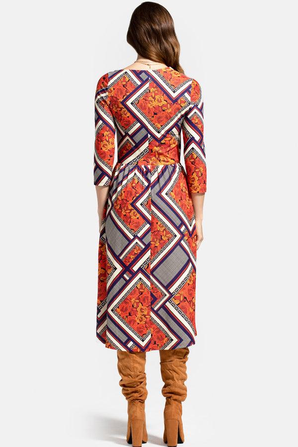 Hot Squash Asymmetric Neckline Midi Dress Orange Retro Tile Print