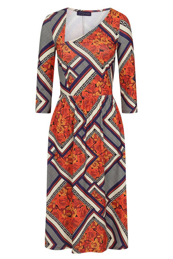 Hot Squash Asymmetric Neckline Midi Dress Orange Retro Tile Print
