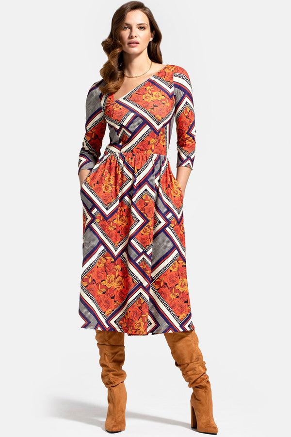 hot squash Asymmetric Neckline Midi Dress Orange Retro Tile Print