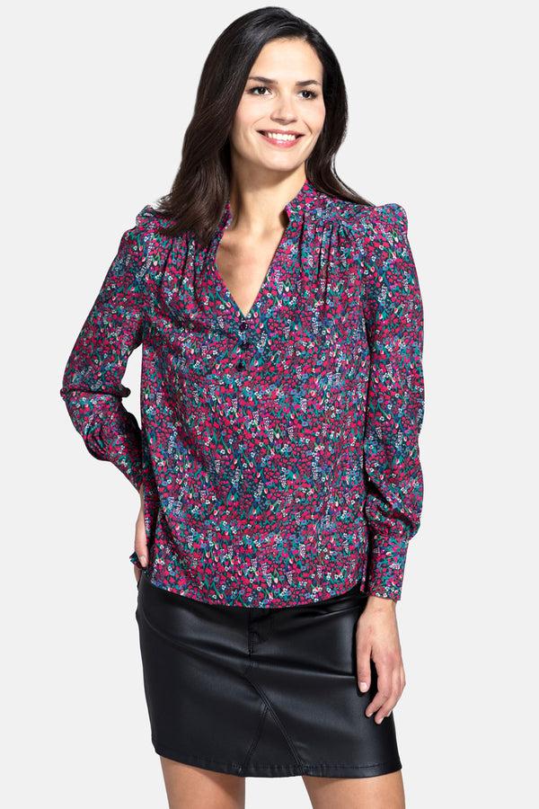 Hot Squash Balloon-Sleeved Top Ditsy Print Burgundy