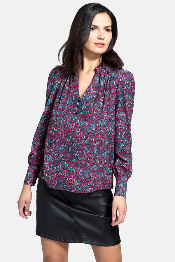 hot squash Balloon-Sleeved Top Ditsy Print Burgundy