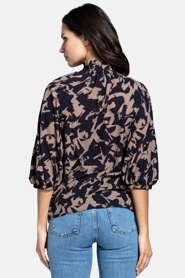 Hot Squash Balloon-Sleeved Top With High Collar Camouflage Print Cream