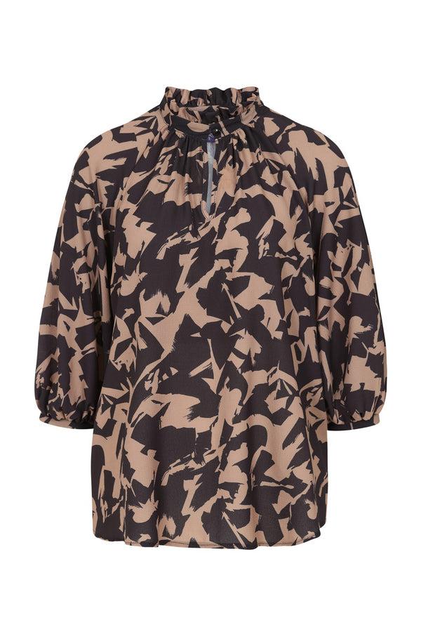 Hot Squash Balloon-Sleeved Top With High Collar Camouflage Print Cream