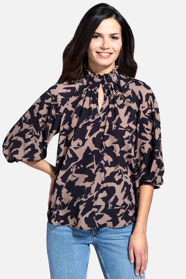 hot squash Balloon-Sleeved Top with High Collar Camouflage Print Cream
