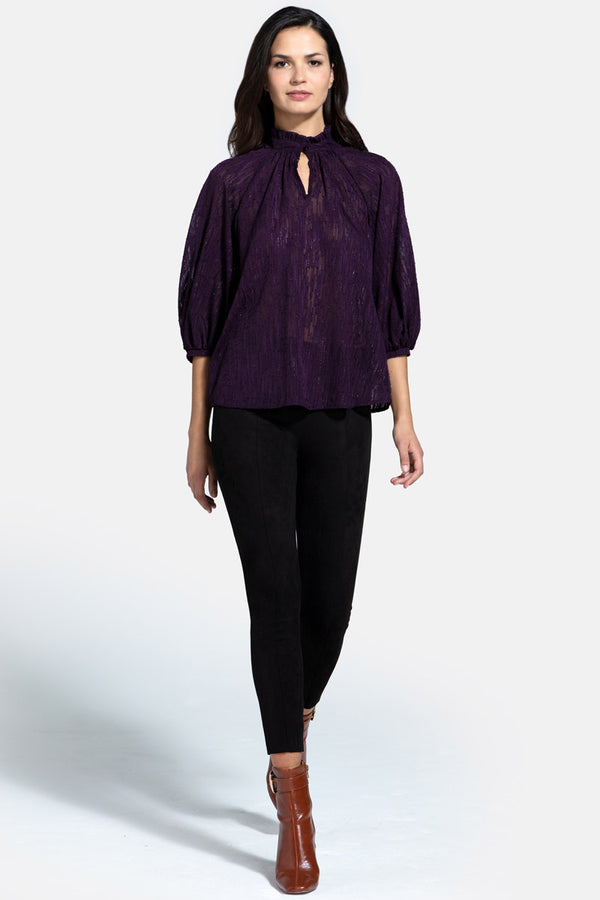 Hot Squash Balloon-Sleeved Top With High Collar Damson