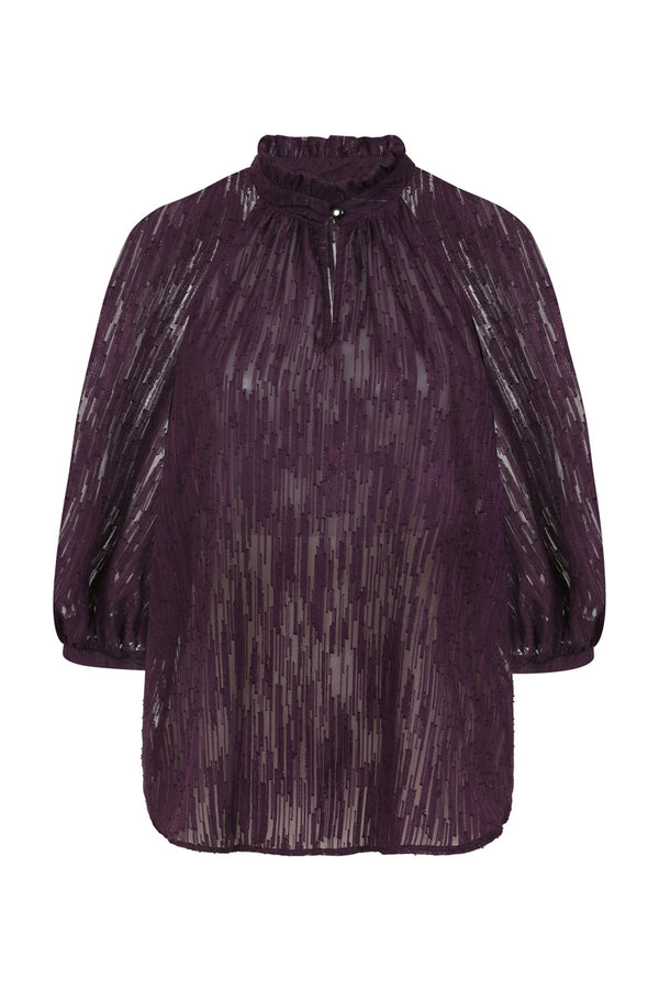Hot Squash Balloon-Sleeved Top With High Collar Damson