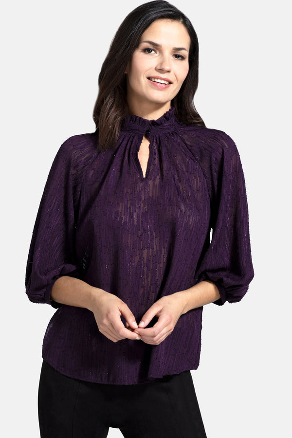 hot squash Balloon-Sleeved Top with High Collar Damson