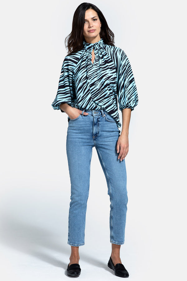 Hot Squash Balloon-Sleeved Top With High Collar Ice Blue Zebra