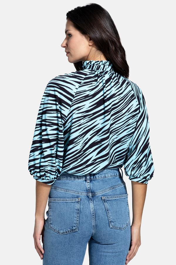 Hot Squash Balloon-Sleeved Top With High Collar Ice Blue Zebra