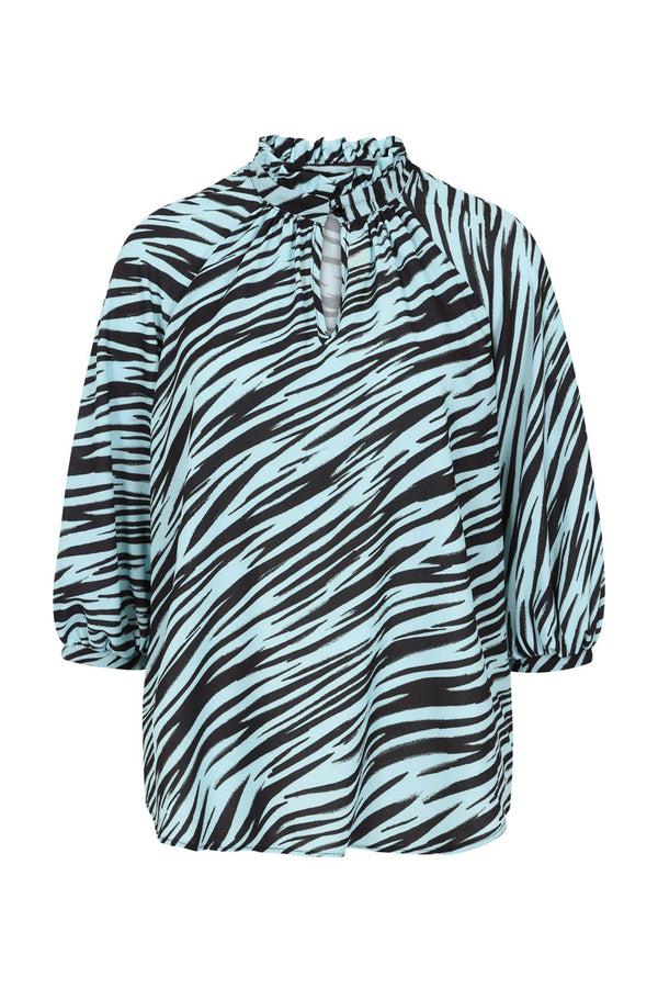 Hot Squash Balloon-Sleeved Top With High Collar Ice Blue Zebra