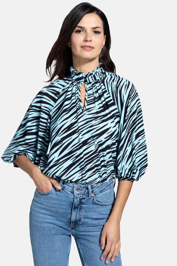 hot squash Balloon-Sleeved Top with High Collar Ice Blue Zebra