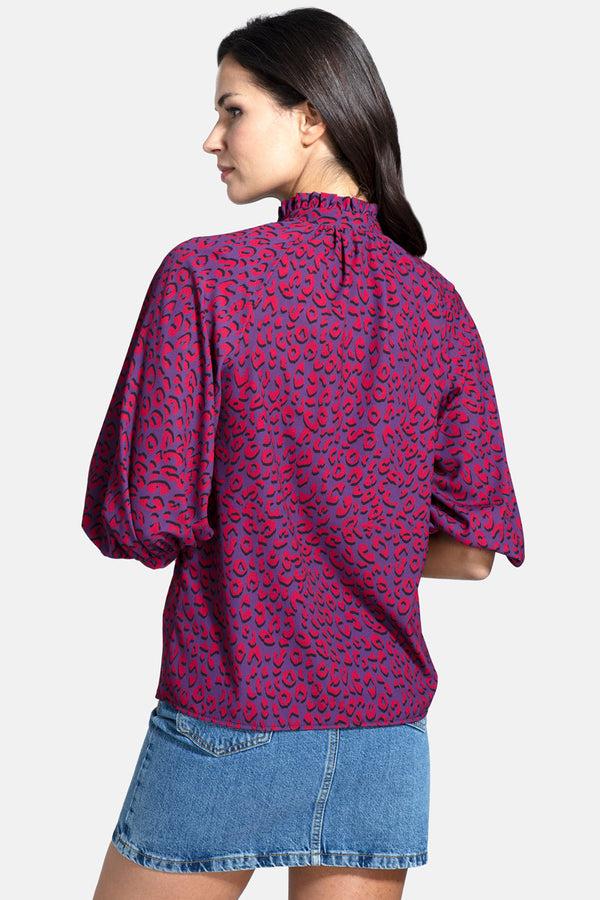 Hot Squash Balloon-Sleeved Top With High Collar Purple Leopard