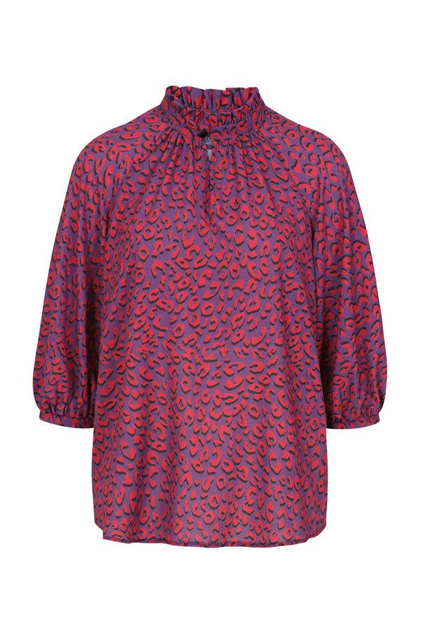 Hot Squash Balloon-Sleeved Top With High Collar Purple Leopard