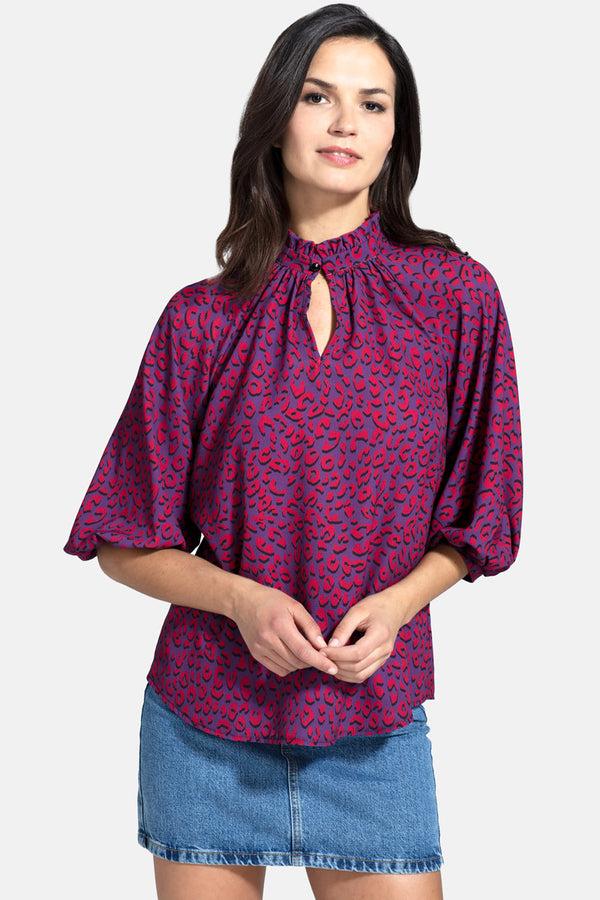 hot squash Balloon-Sleeved Top with High Collar Purple Leopard