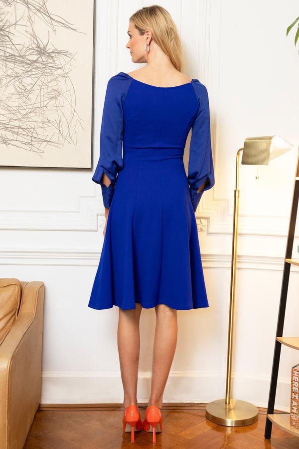 Hot Squash Blouson Sleeved Scuba Fit N Flare Dress Royal Blue