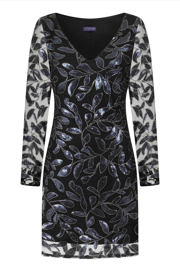 Hot Squash Blouson Sleeved V Neck Sequin Dress Black Sequin Leaf