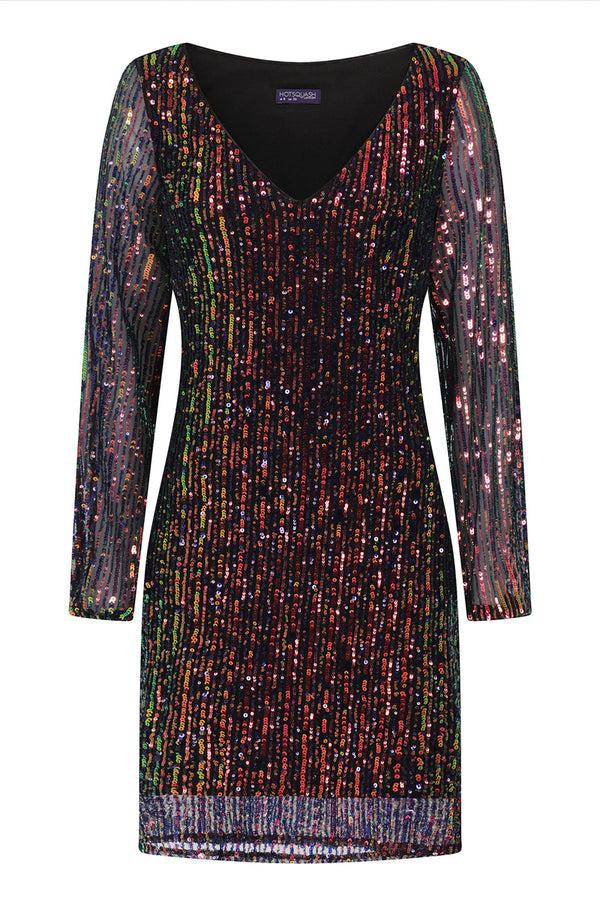 Hot Squash Blouson Sleeved V Neck Sequin Dress Dark Striped Sequins