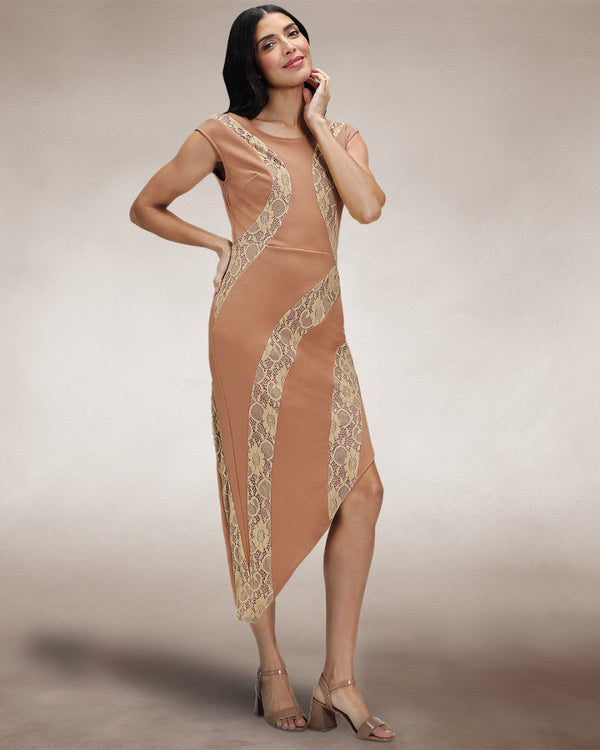 Hot Squash Bodycon Dress With Lace Panelling Caramel