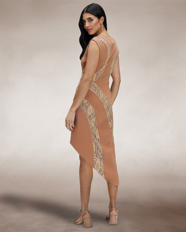 Hot Squash Bodycon Dress With Lace Panelling Caramel