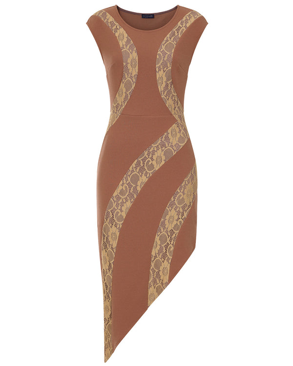 Hot Squash Bodycon Dress With Lace Panelling Caramel
