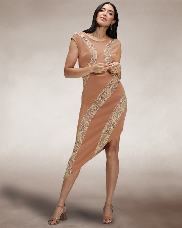 hot squash Bodycon Dress with Lace Panelling Caramel