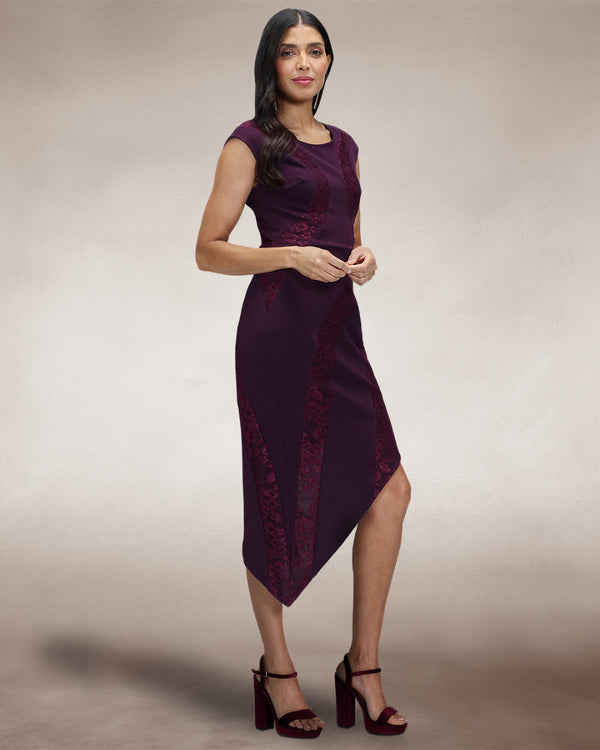 Hot Squash Bodycon Dress With Lace Panelling Damson