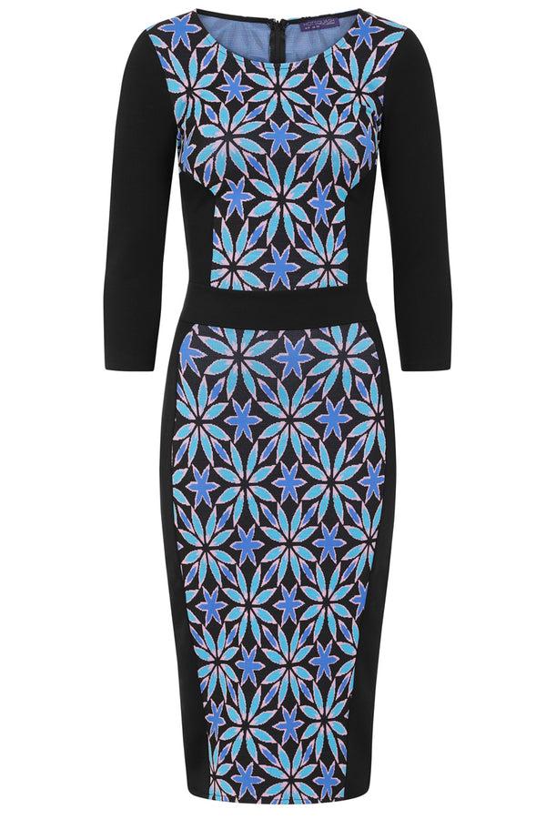 Hot Squash Bodycon Ponte Dress Flower Power In Blue