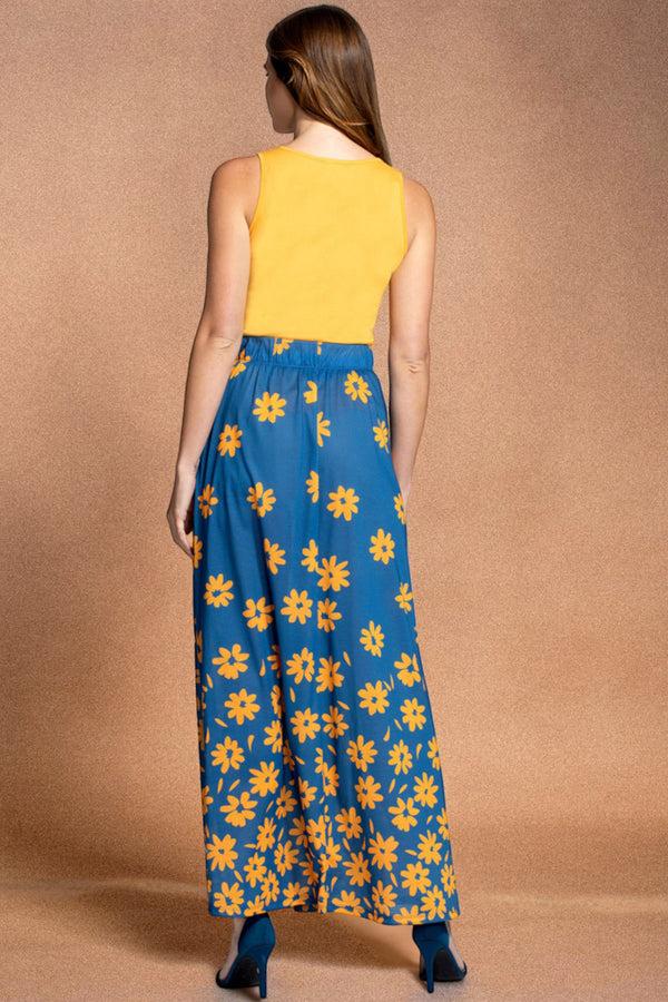 Hot Squash Box Pleat Maxi Skirt Daisy Placement Blue Yellow