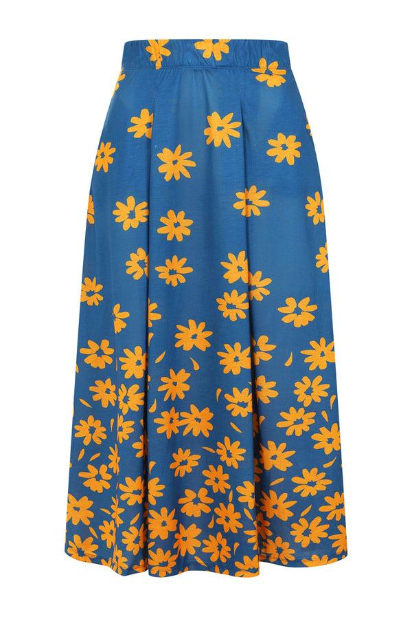 Hot Squash Box Pleat Maxi Skirt Daisy Placement Blue Yellow