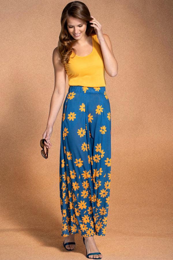 hot squash Box Pleat Maxi Skirt Daisy Placement Blue Yellow