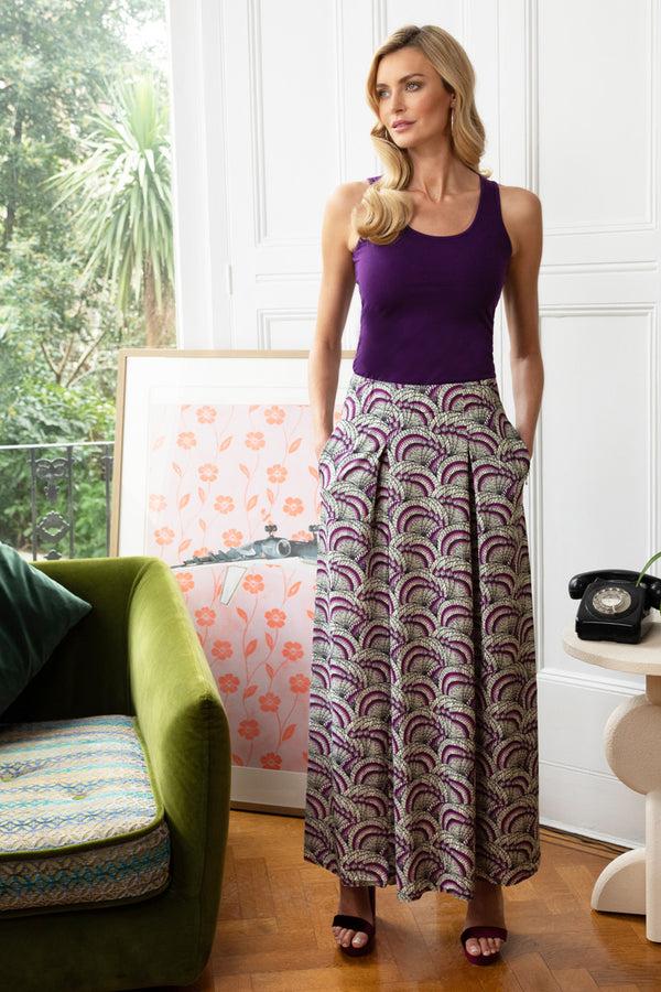Hot Squash Box Pleat Maxi Skirt Purple Kimono Print