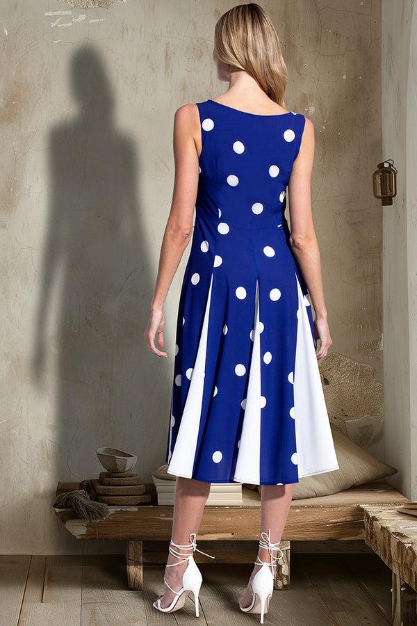 Hot Squash Box Pleat Midi Dress With Contrast Skirt Navy Polka Dot