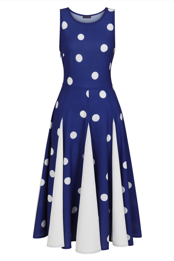 Hot Squash Box Pleat Midi Dress With Contrast Skirt Navy Polka Dot