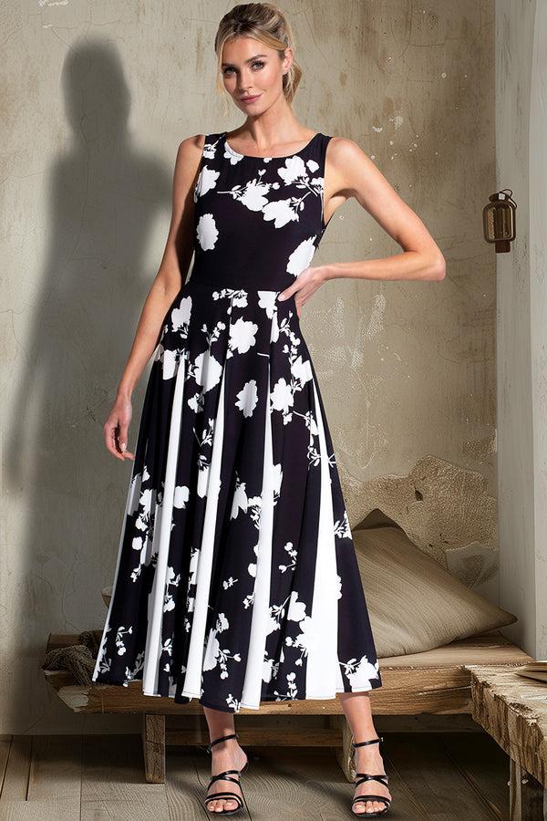 Hot Squash Box Pleat Midi Dress With Contrast Skirt White Flower On Black