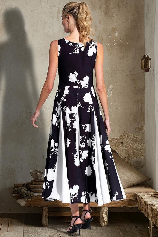 Hot Squash Box Pleat Midi Dress With Contrast Skirt White Flower On Black