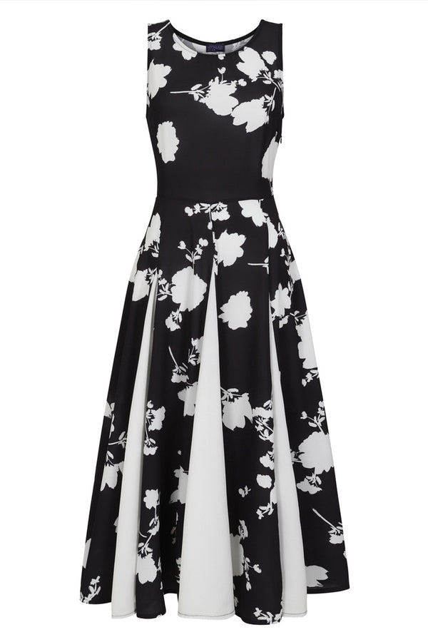 Hot Squash Box Pleat Midi Dress With Contrast Skirt White Flower On Black