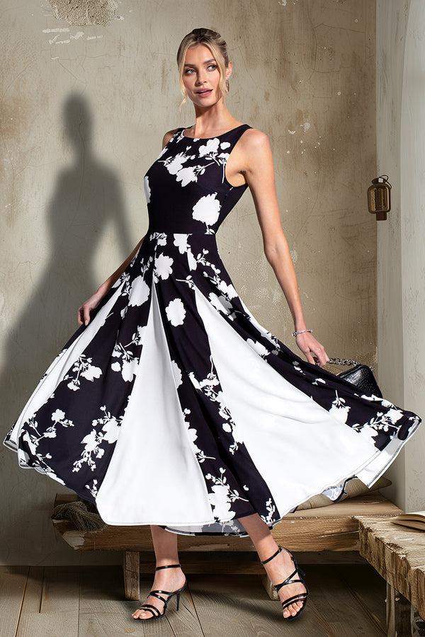hot squash Box Pleat Midi Dress with Contrast Skirt White Flower on Black