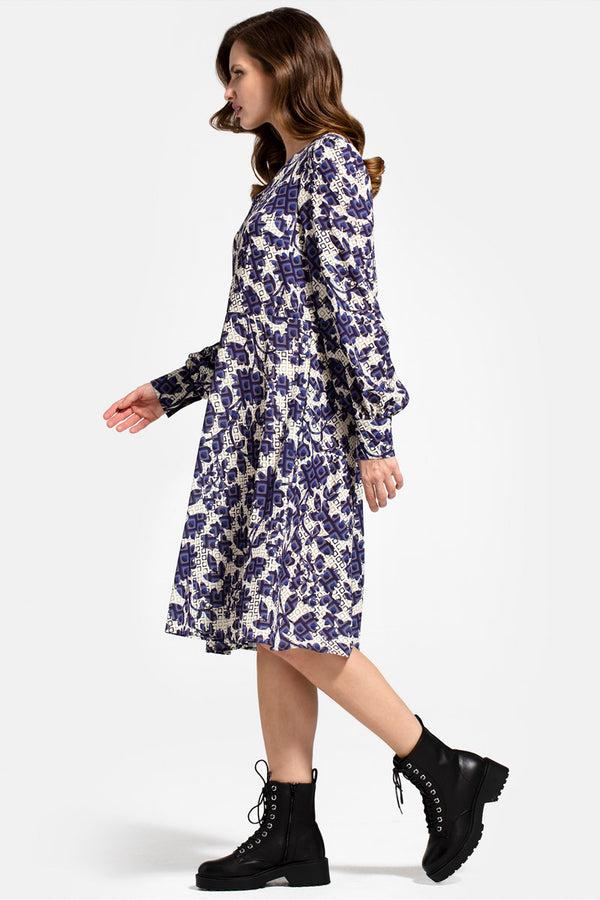 Hot Squash Chiffon Loose Dress With V Neck Blue Geo Blossom